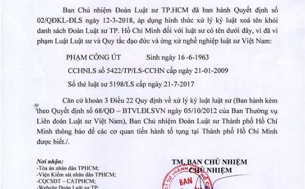 Xóa tên luật sư Phạm Công Út khỏi Đoàn luật sư TPHCM